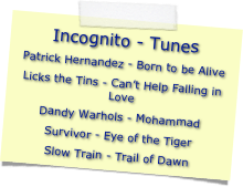 Incognito - Tunes
Patrick Hernandez - Born to be Alive
Licks the Tins - Can’t Help Falling in Love
Dandy Warhols - Mohammad
Survivor - Eye of the Tiger
Slow Train - Trail of Dawn


